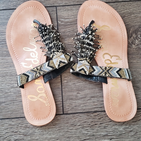 Sandals size 7.5 Sam Edelman beaded fringe flat boho - Picture 1 of 2